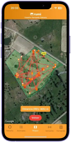 pantallazo aplicación móvil gps vacas rumi con sus desplazamientos en el campo